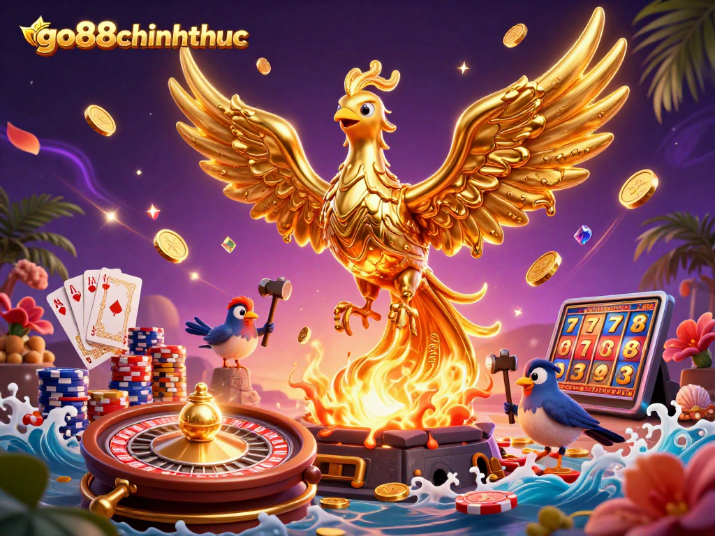 Engage with go88chinhthuc’s dynamic casino world featuring a molten golden phoenix amidst vibrant game elements.