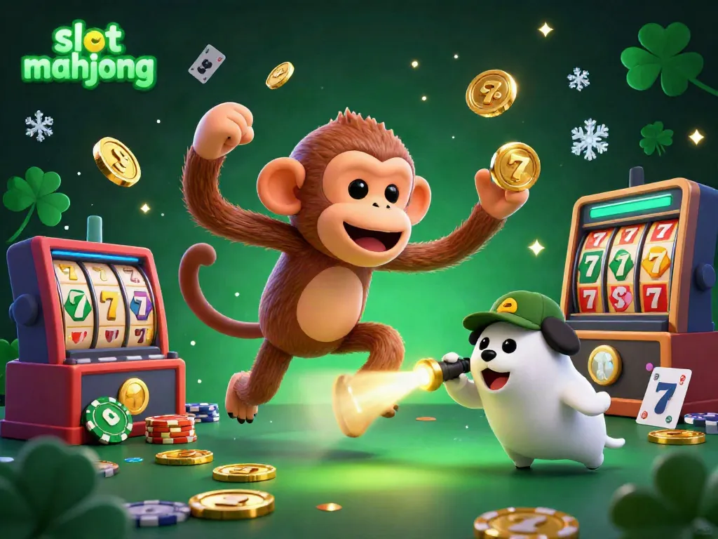 Experience excitement with slot mahjong in a vibrant casino scene featuring playful characters and dynamic elements.