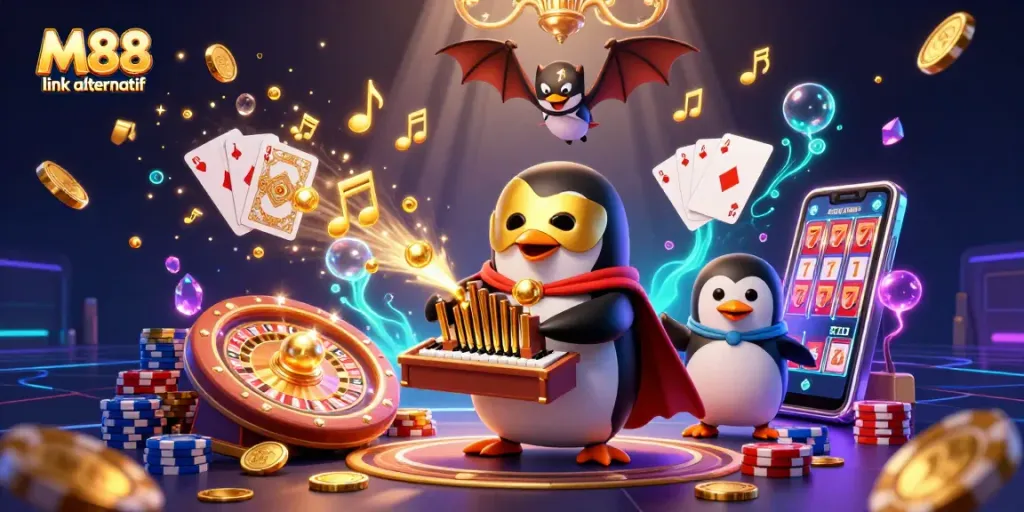 Win big with M88 link alternatif in a vibrant casino scene featuring iconic characters and golden coins.