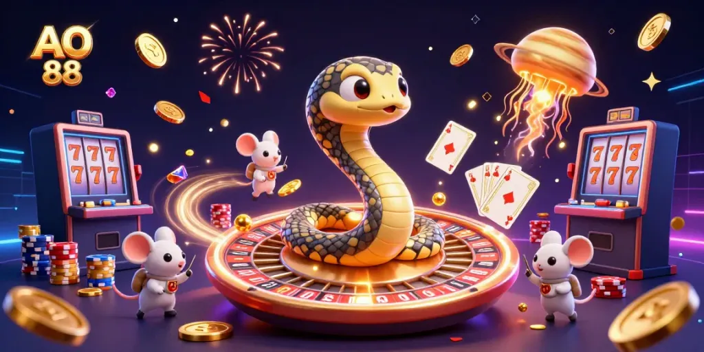 Experience exciting wins at AO 88 with vibrant cosmic casino elements and cheerful astronaut mice betting.