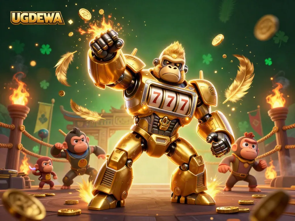 Engage in the excitement of UGDEWA with a vibrant 3D scene of a golden gorilla mech and dynamic gambling elements.