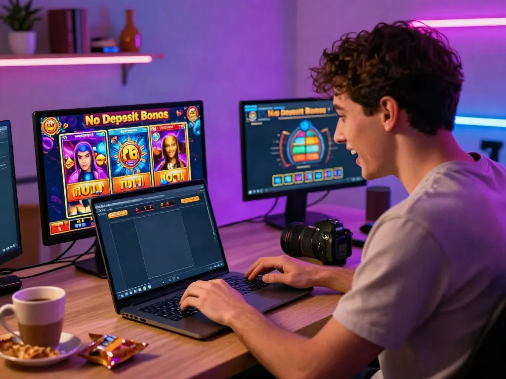Spieler nutzt Casino Bonus ohne Einzahlung am Laptop, um aufregende Slot-Spiele zu erleben.
