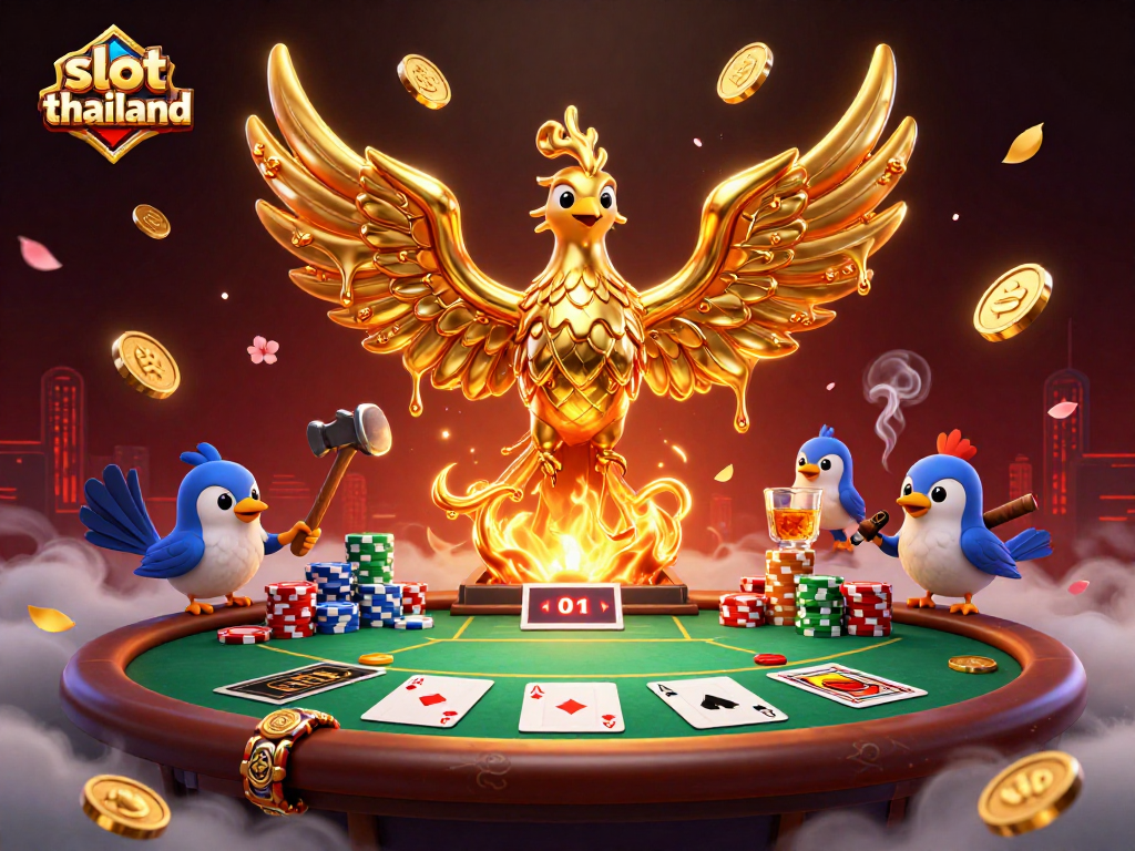 Engaging scene showcasing slot thailand with a golden phoenix and rich poker elements.