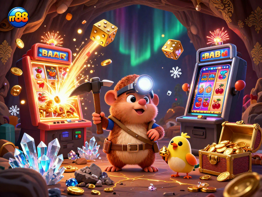 Experience winning with rr88 as a cartoon mole and canary celebrate near an overflowing treasure chest.