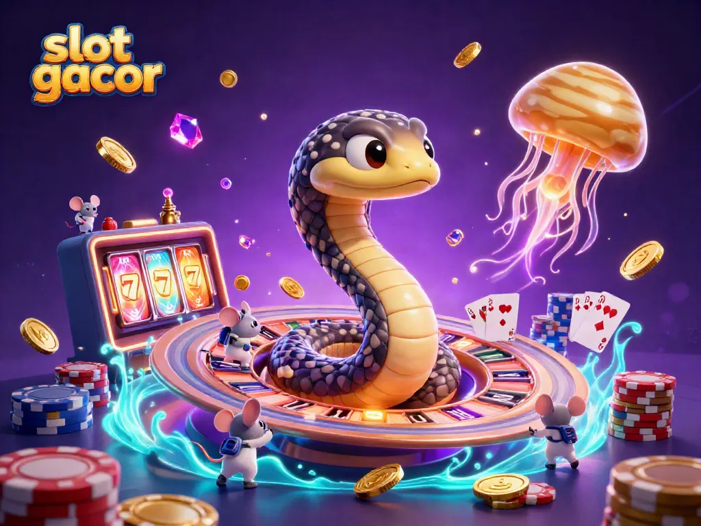Slot gacor, ilustrasi kasino dengan ular Saturnus, astronot, dan uang jatuh.
