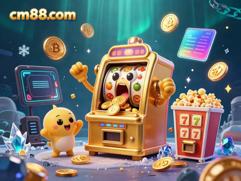 Experience excitement with cm88com as golden slot machines win jackpots, surrounded by vibrant crypto elements.