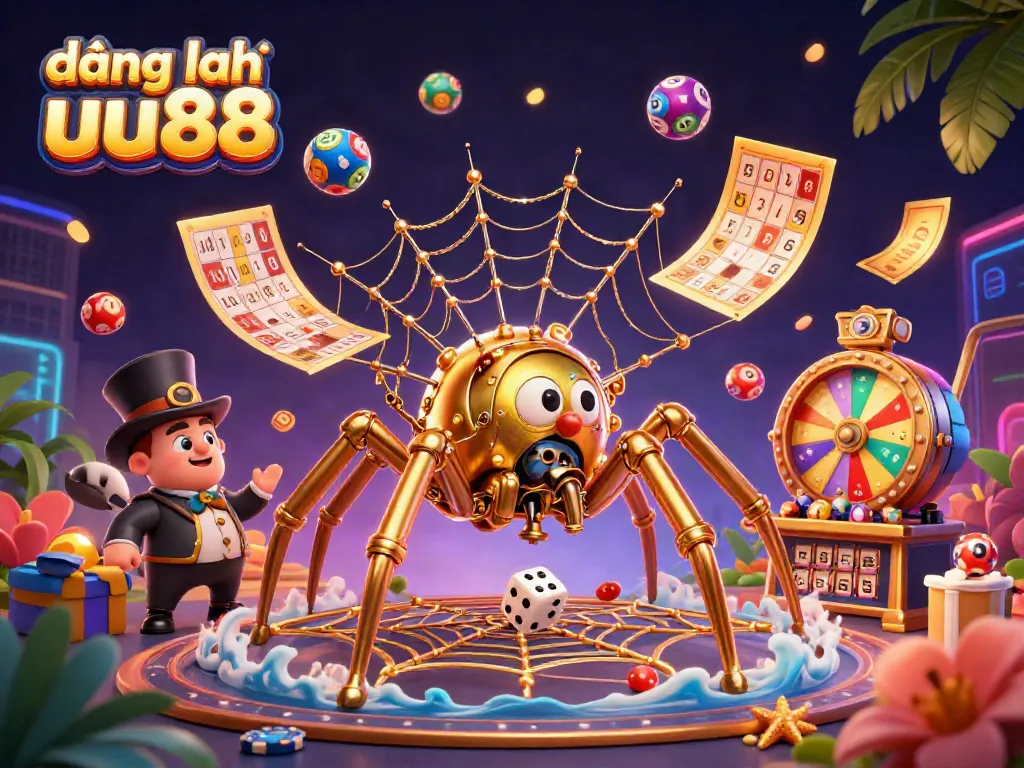 Engage in exciting gameplay with đăng ký uu88 at a vibrant casino scene filled with lottery balls and prizes.