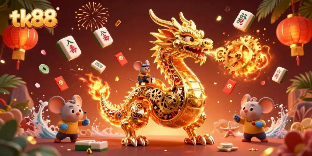 Experience thrilling wins at tk88 with a lively 3D casino scene featuring a golden dragon and festive game elements.
