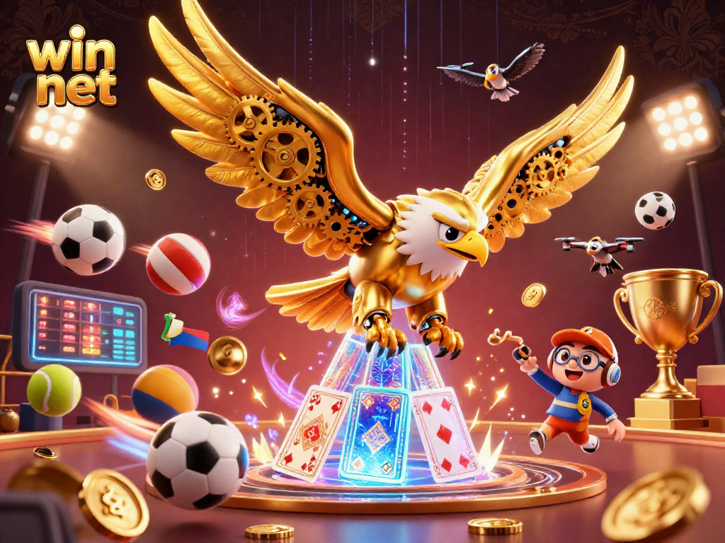 Experience win net as cybernetic eagle dives through holographic cards, showcasing sports betting excitement.