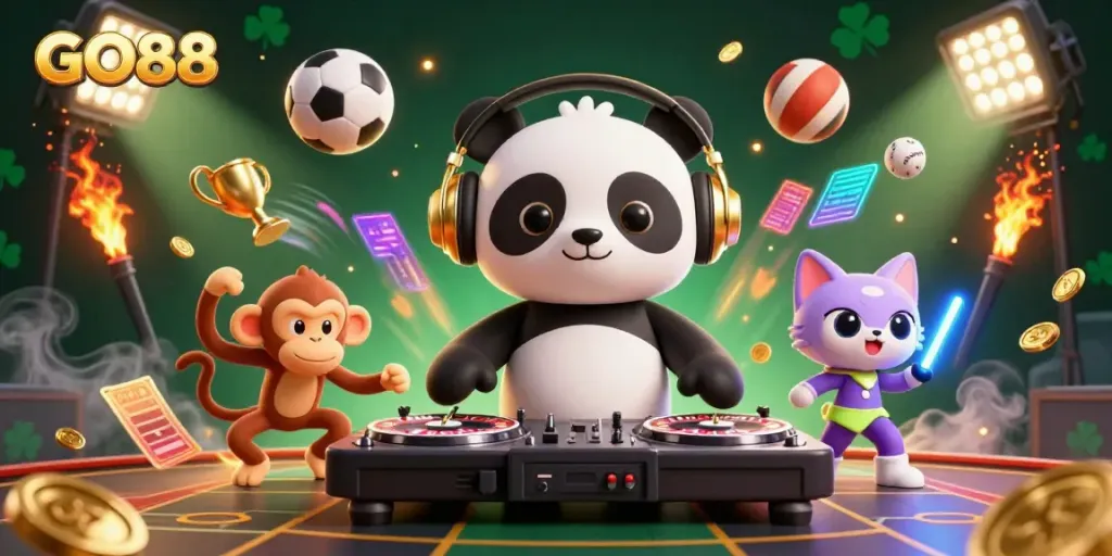 Experience the thrill of GO88 with lively characters and exciting game elements in a vibrant casino scene.