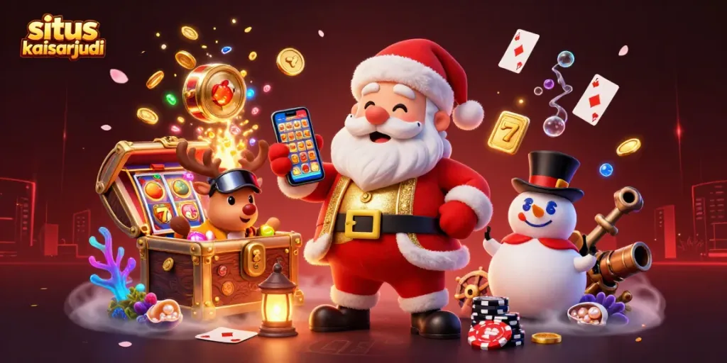 Experience situs kaisarjudi with exciting slot games and festive characters in a vibrant casino scene.