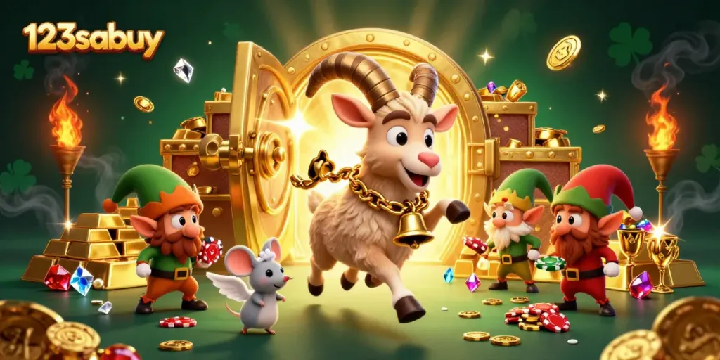 Engage in thrilling 123sabuy gaming adventures with playful characters in a vibrant casino scene.
