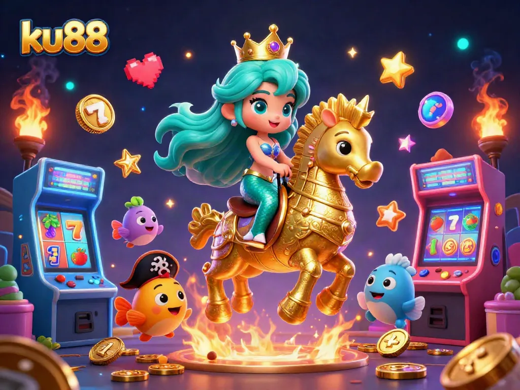 Engage in thrilling slots at ku88 with a vibrant 3D mermaid and golden seahorse illustration.