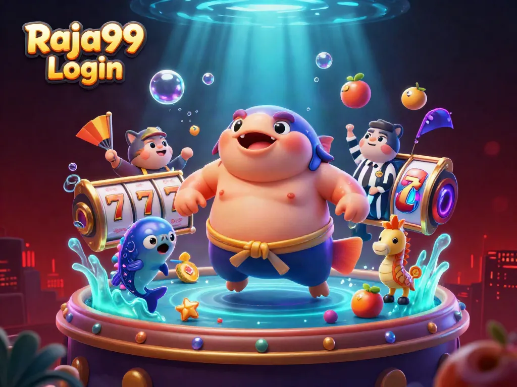 Mengakses Raja99 Login sambil menikmati permainan slot online dengan slot reels dan simbol keberuntungan.