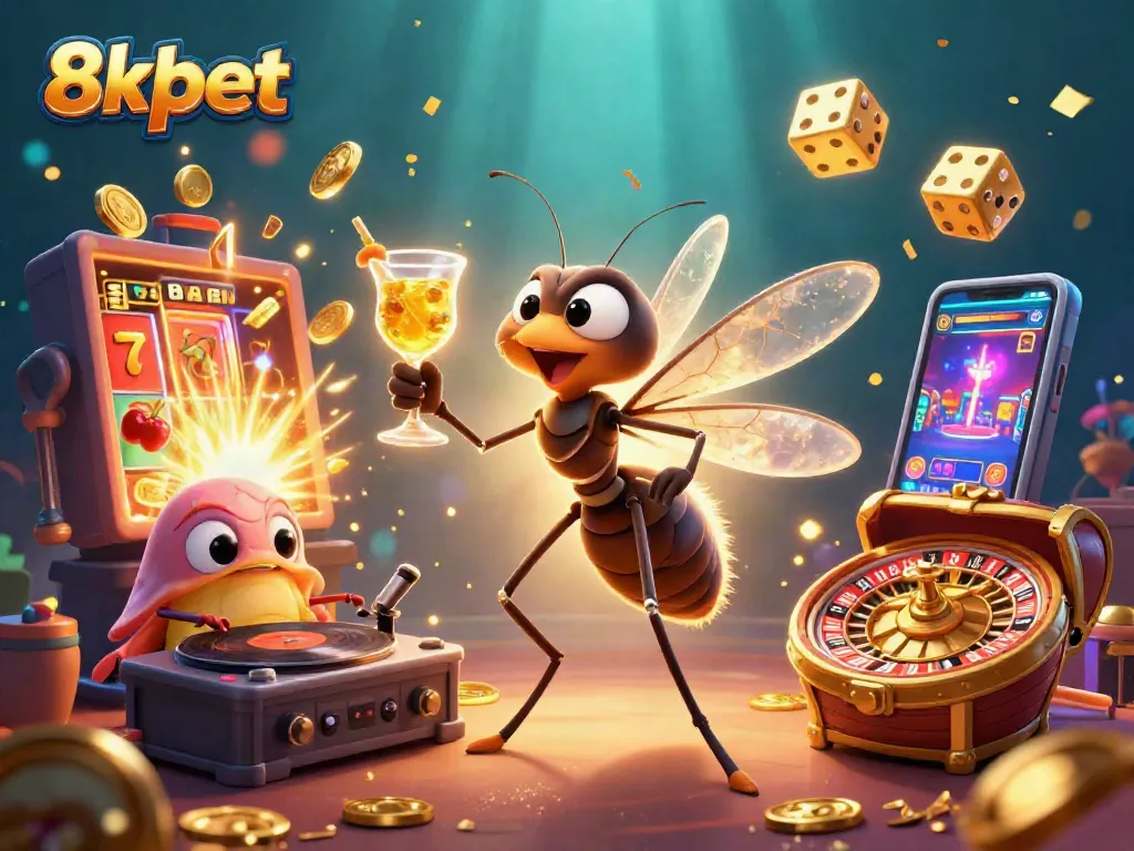 Experience winning excitement with 8xbet's dynamic casino illustration featuring unique characters and gaming elements.