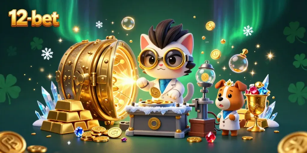 Experience thrilling gameplay at 12-bet with exciting slots and winnings in a vibrant digital illustration.