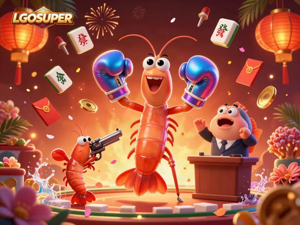 Celebrate wins with LGOSUPER in a vibrant casino scene featuring a mantis shrimp, a pistol shrimp, and a coral grouper.