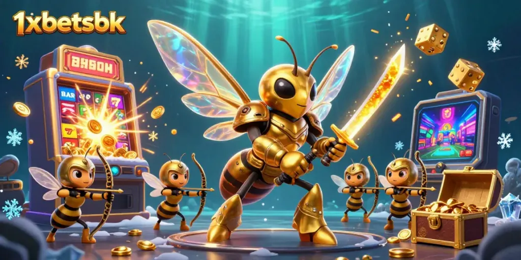 Engage with 1xbetsbk's casino experience featuring a golden hornet in action, amidst a jackpot explosion.