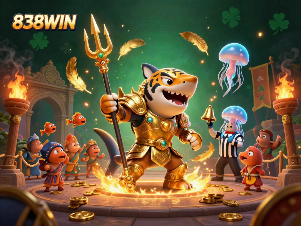 Join the excitement with 838WIN in this vibrant underwater casino scene featuring a gladiator shark.