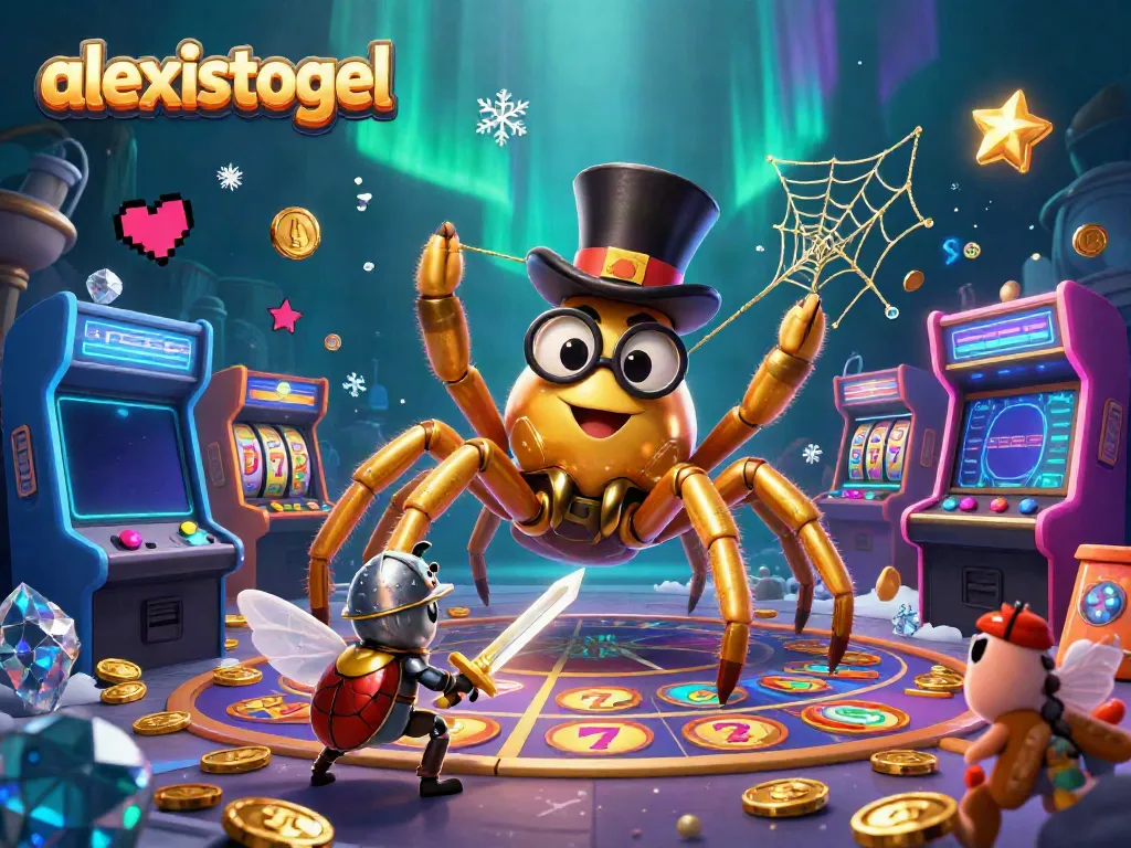 Gambar ilustrasi 3D menampilkan karakter alexistogel dalam suasana kasino bertema slot.