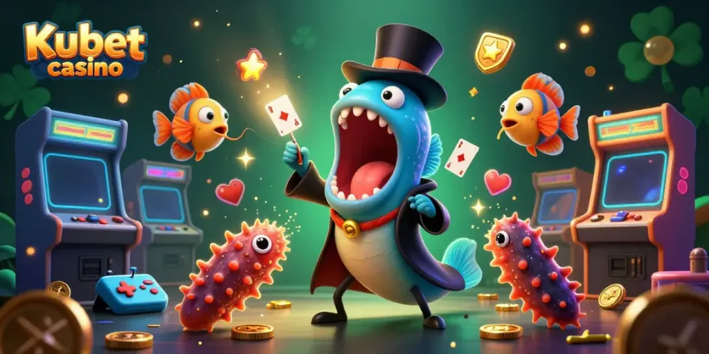 Experience magic at Kubet casino with a whimsical underwater scene featuring characters performing card tricks and vibrant game elements.