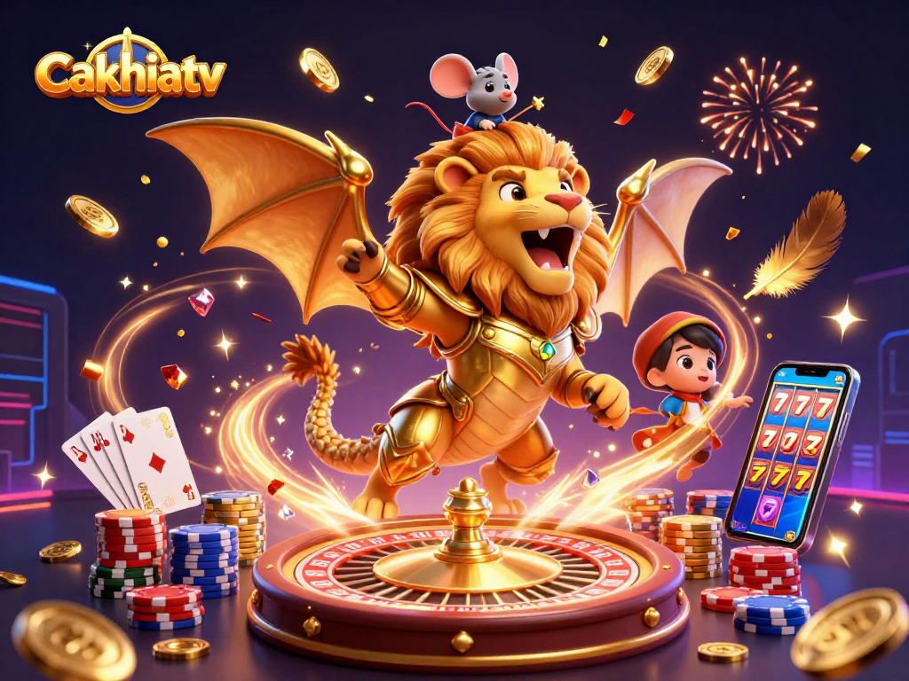 Cakhiatv showcases a roaring chimera in golden armor amidst flying coins and a spinning roulette.