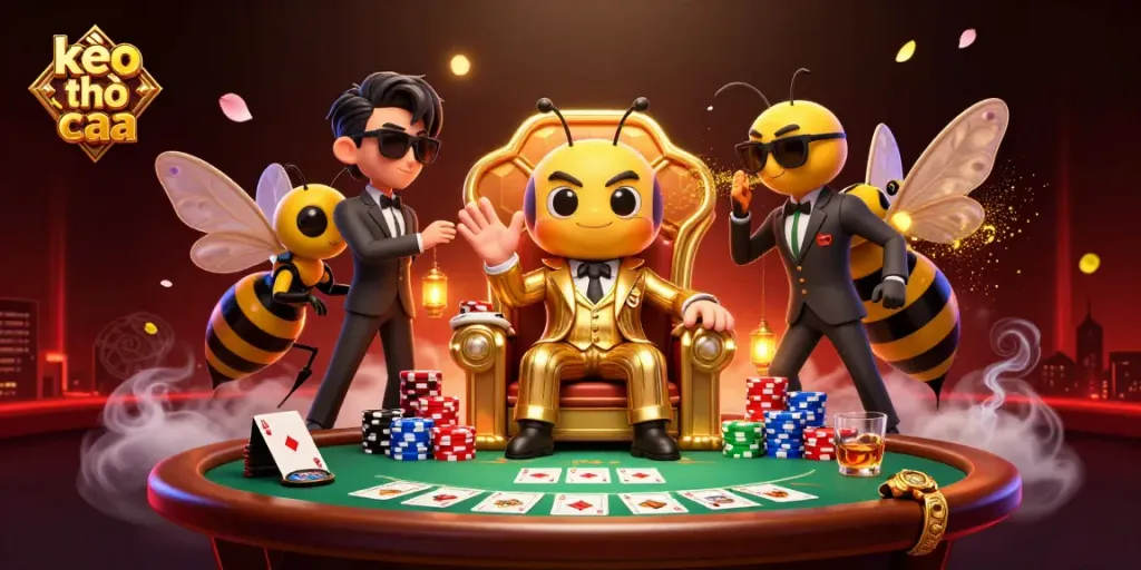 Engage with kèo nhà cái in a vibrant 3D casino scene featuring a bumblebee mob boss.