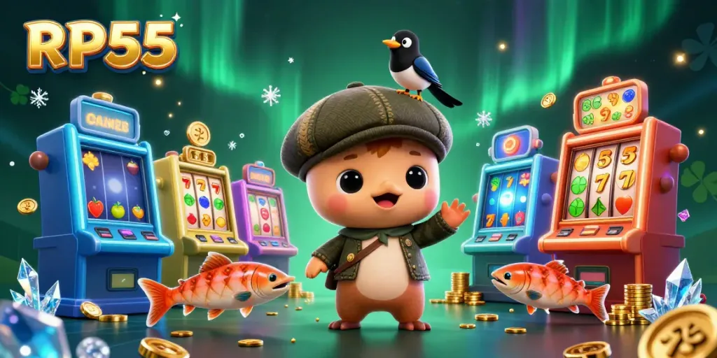 Gambar ilustrasi 3D kasino menampilkan RP55 dengan mesin slot dan karakter kucing lucu.