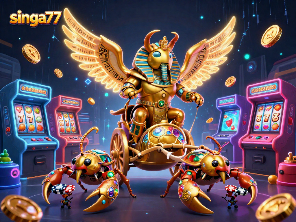 Singa77 showcases exciting casino dynamics featuring a golden scarab in a rich gaming environment.