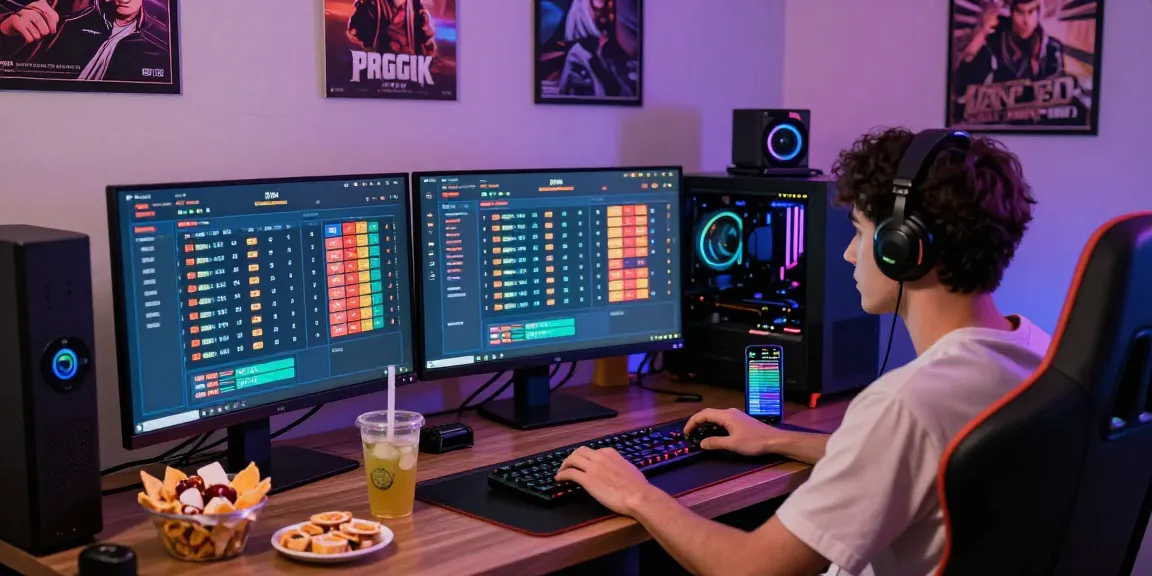 Engaged user playing pakde4d online togel on dual monitors with snacks and vibrant atmosphere.