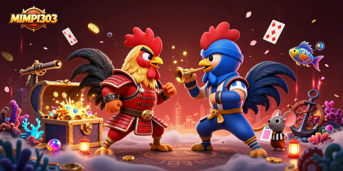 MIMPI303 showcases a standoff between cartoon roosters in an exciting casino-themed scene.