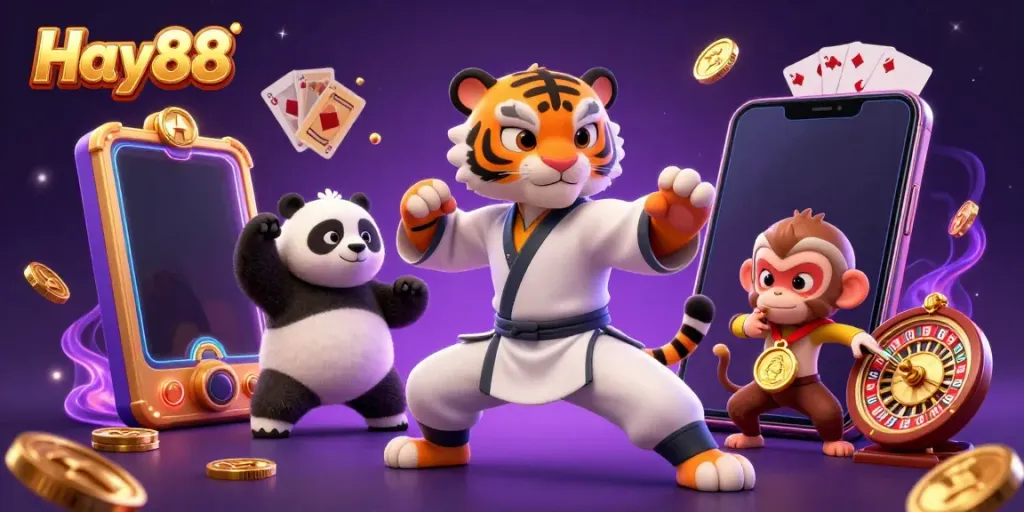 Experience Hay88 in an exciting 3D casino scene with vibrant slot game elements and animated characters.