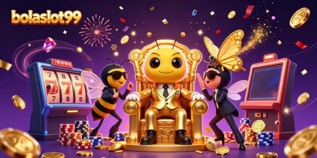 Experience thrilling wins at bolaslot99 with the cartoon mob boss surrounded by slot machines and gold coins.
