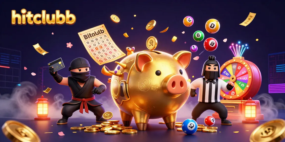 Join hitclubb's exciting games with the golden sumo piggy bank, lottery balls, and lively casino elements.