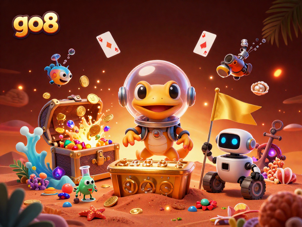 Engage in winning adventures at go8 with an exciting scene featuring Martian gecko and abundant casino treasures.