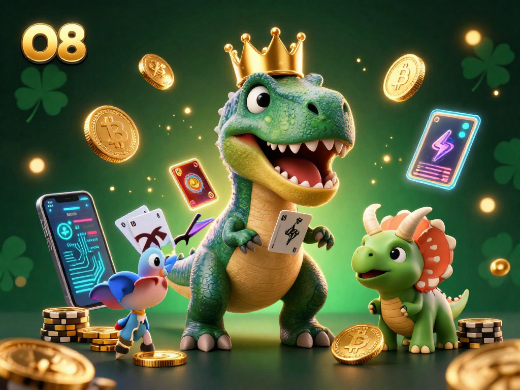 Engage in thrilling O8 gameplay featuring a T-Rex shuffling cards with a treasure of chips.