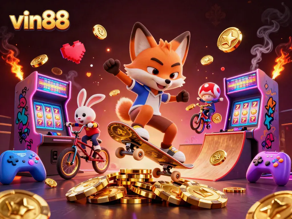 vin88 engages players with a vibrant 3D scene of a skateboarder fox and BMX rabbit amid slots and casino excitement