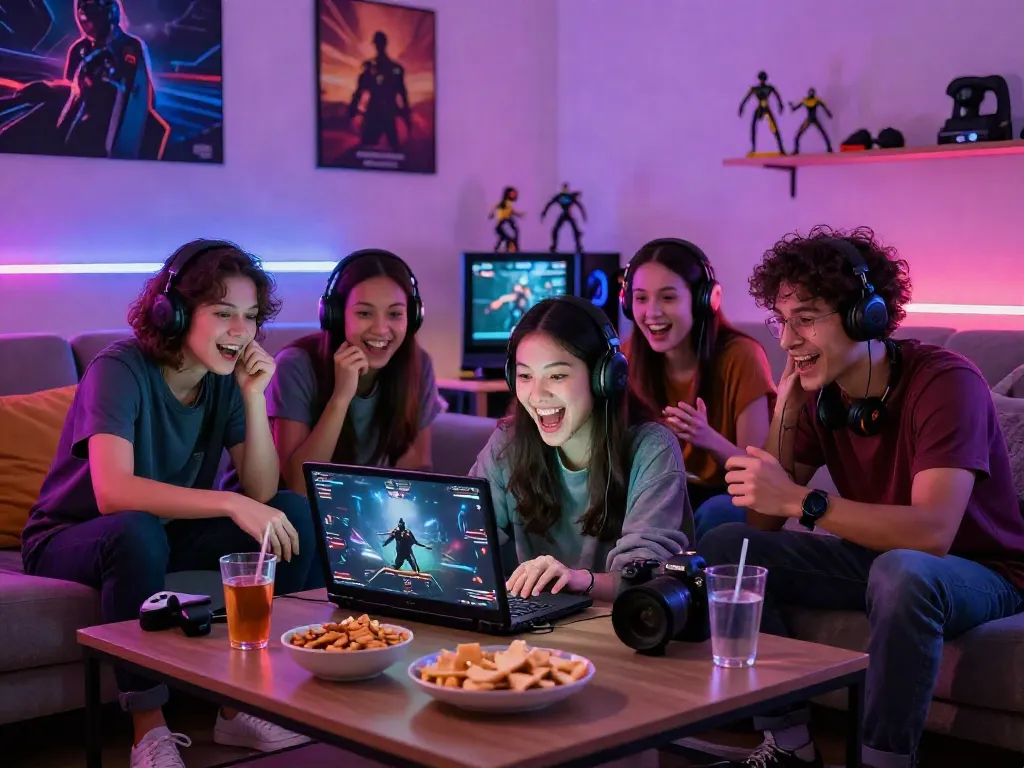 Excited gamers enjoying QQMacan online game night with snacks and vibrant lighting.