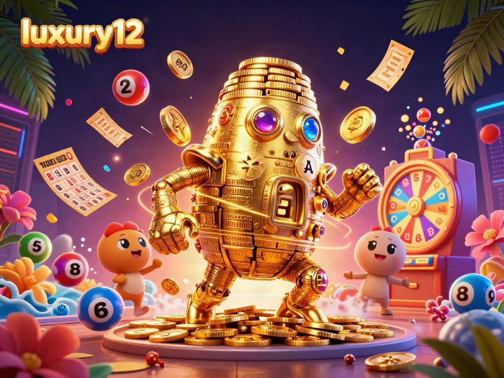 Experience thrilling gameplay with the luxury12 golem in this vibrant lottery-themed illustration.