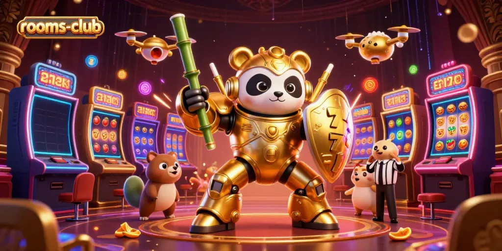 Rasakan keseruan bermain slot di rooms-club dengan panda emas dan robot pertarung yang menghibur.