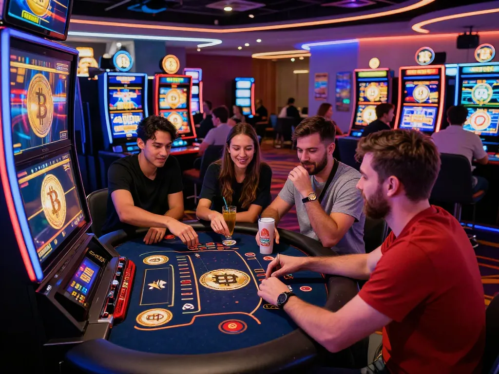 Exciting scene at https://wolfbet-bonus.com/ with friends enjoying crypto casino gaming, showcasing vibrant atmosphere and colorful decor.