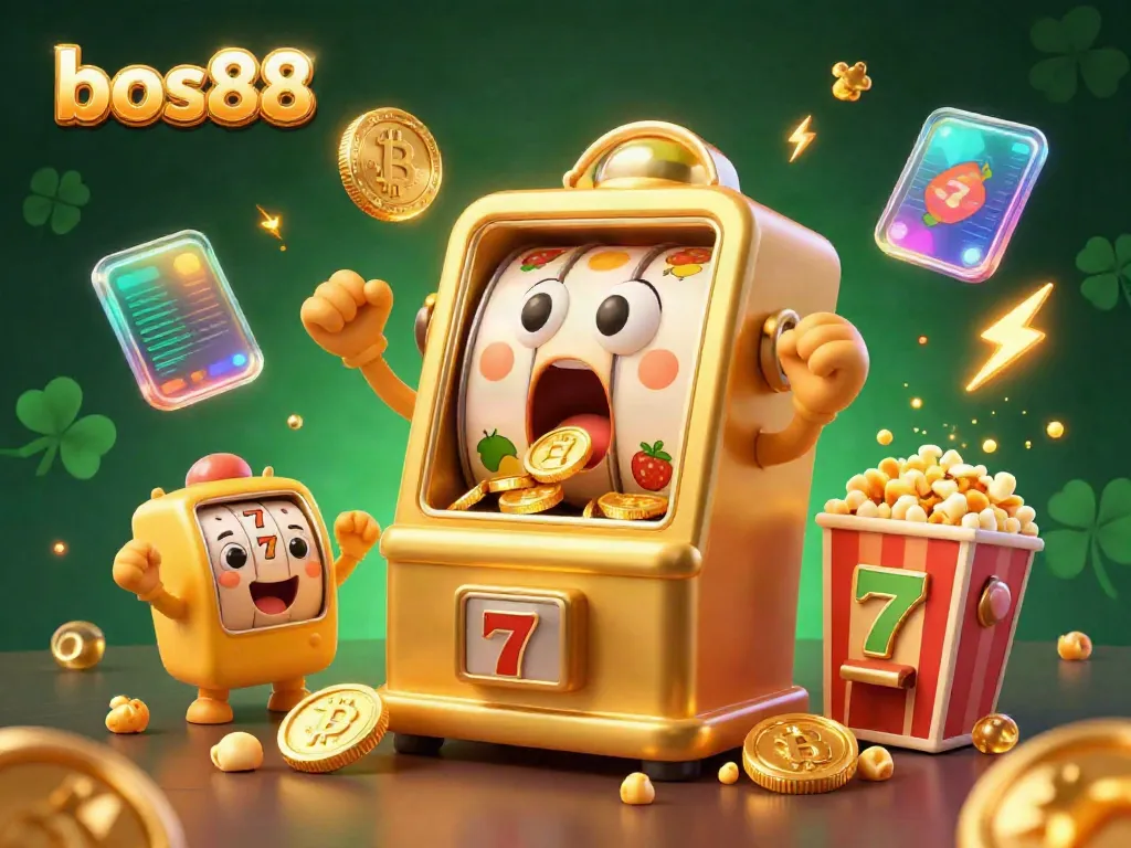 Spin the winning bos88 slot machine with gold coins pouring out, appraised with vibrant symbols and crypto currency vibes.