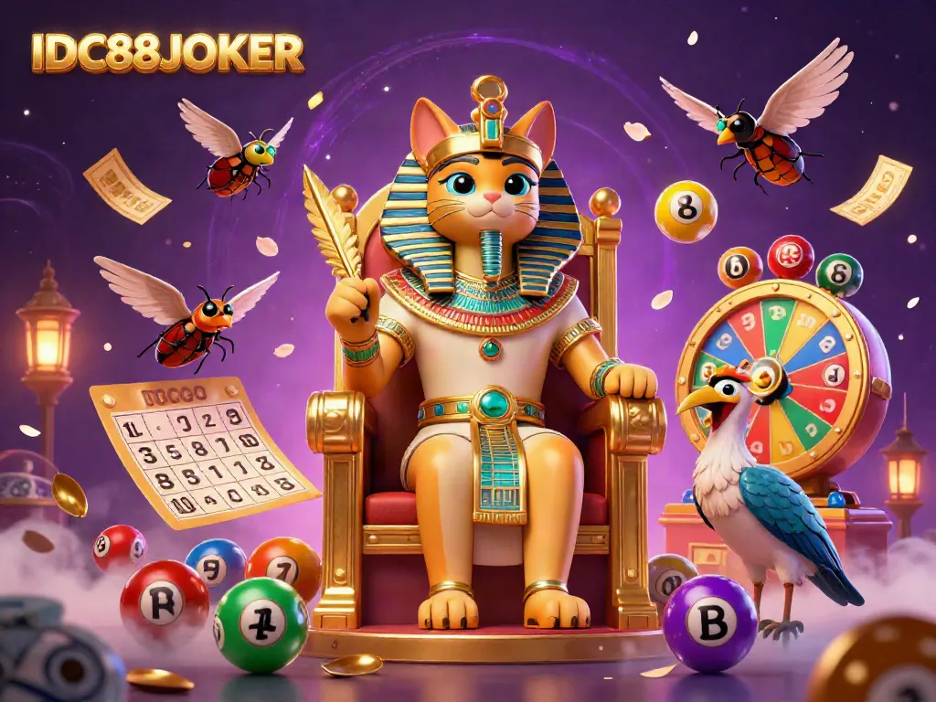 Engage with IDC88JOKER's lively gaming environment featuring an Egyptian pharaoh cat amidst vibrant casino elements.