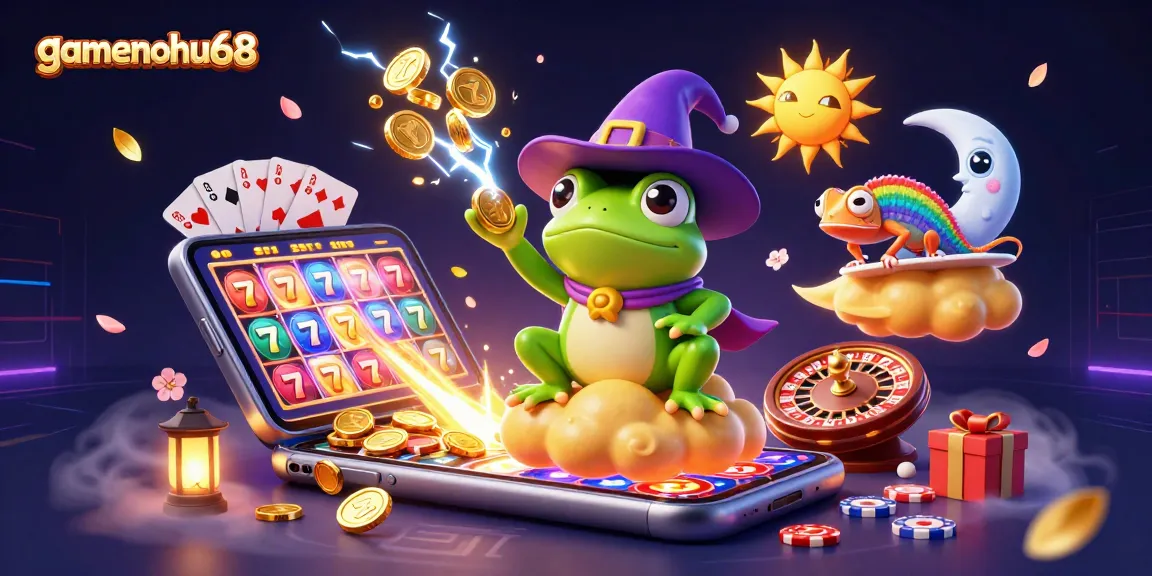 Experience gamenohu68's thrilling scene with a weather wizard frog and chameleon amidst golden coins and slot games.