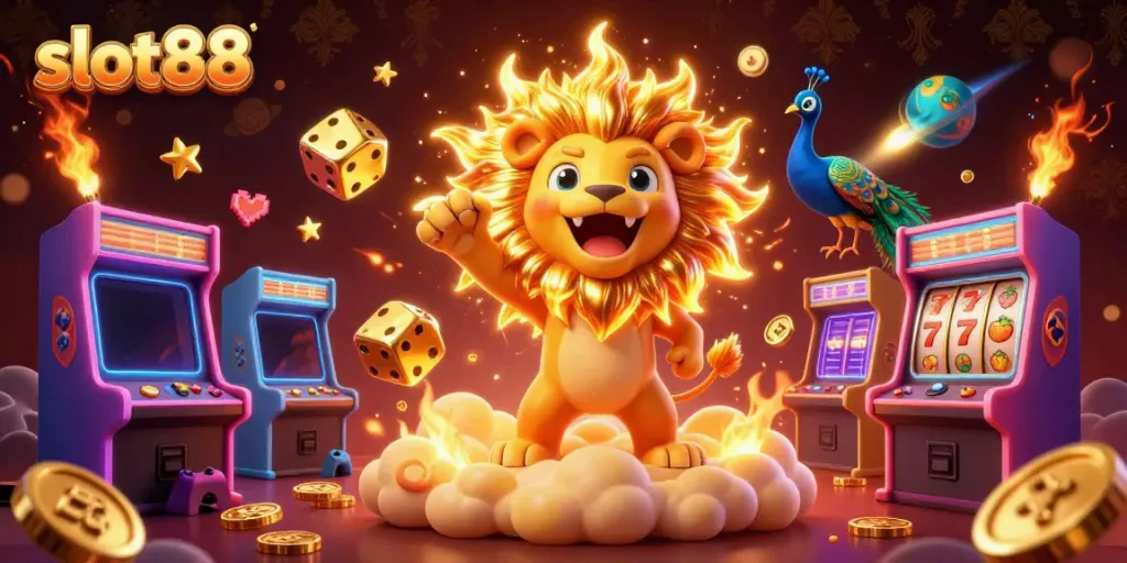 Menangkan jackpot dengan slot88 di ilustrasi kasino yang penuh warna dan imajinatif.