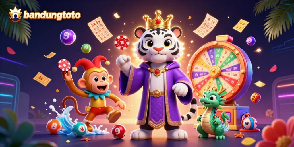 Engage in thrilling fun at bandungtoto with vibrant lottery elements and characters in a dazzling casino scene.