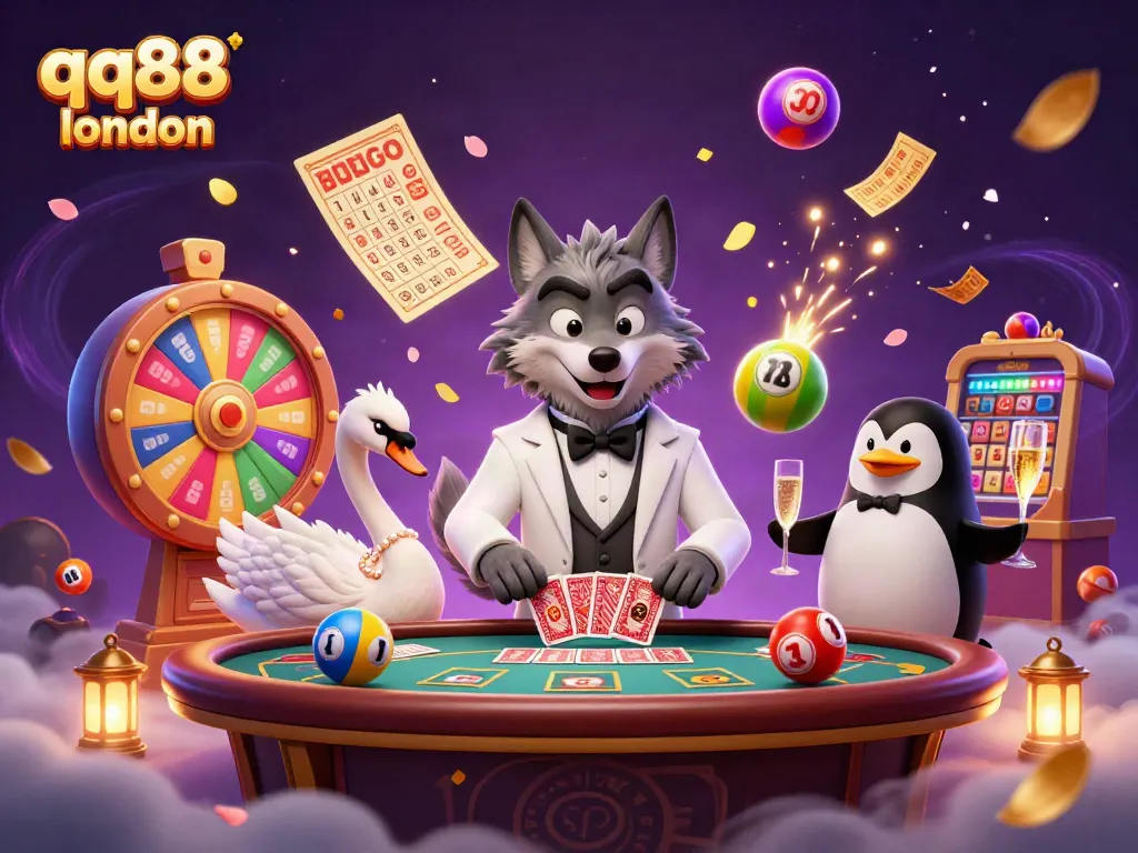 Experience the excitement at qq88 london with vibrant casino characters celebrating amidst colorful gambling elements.