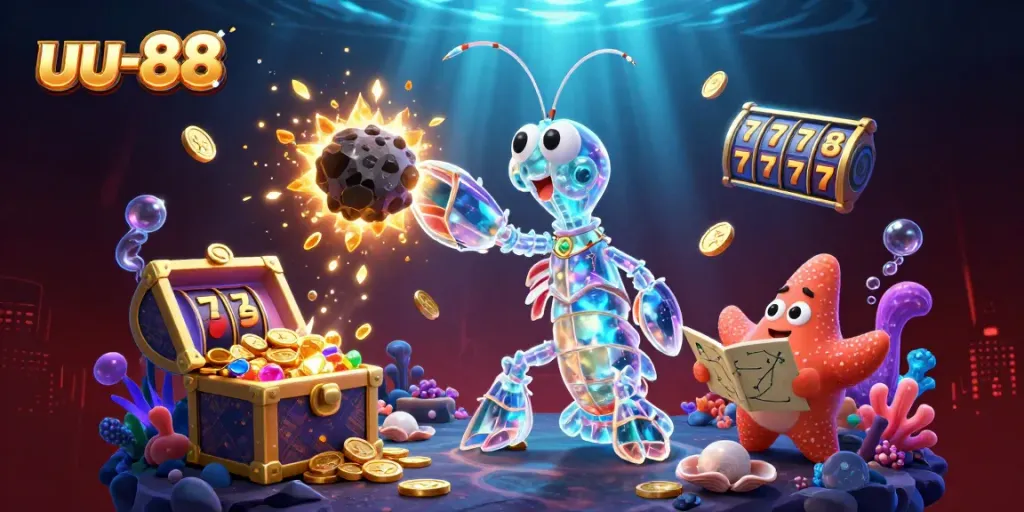 Experience thrill with uu-88's vibrant online casino scene featuring galactic shrimp and treasure.