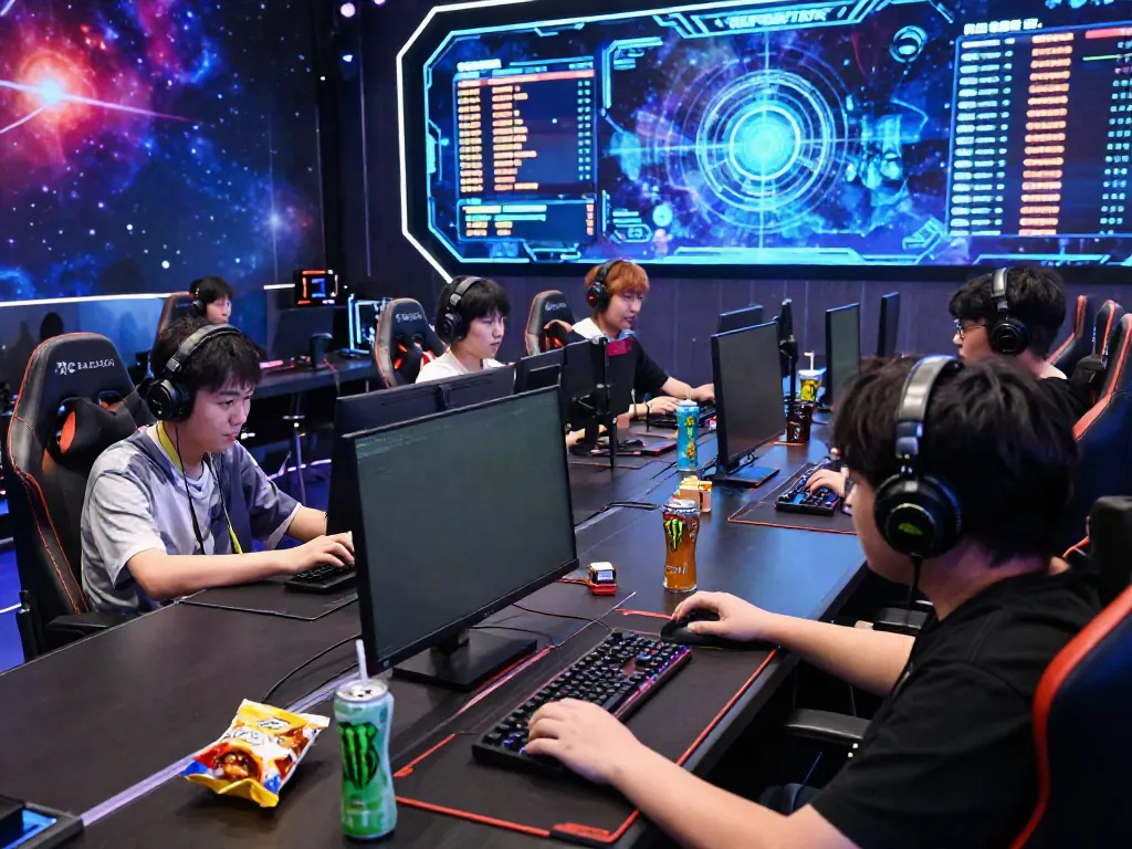 Exciting online gaming tournament at luxury111 with players immersed in cosmic-themed virtual space.