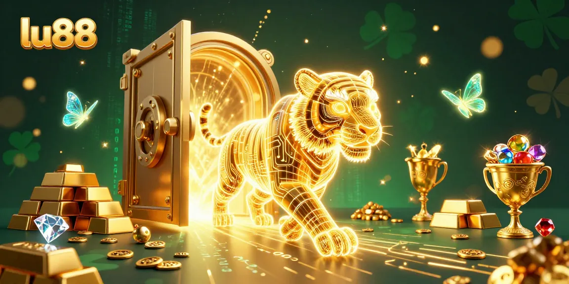 Experience thrilling gaming adventures at lu88 with a vibrant golden tiger amidst dazzling casino treasures.